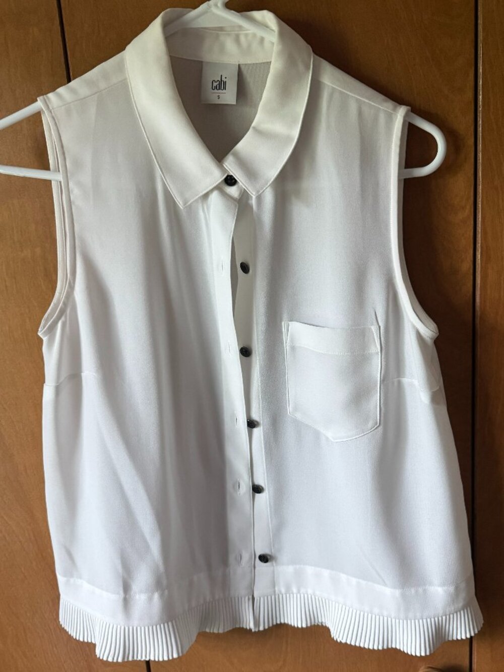 CAbi White Top with Pleated Hem Blouse Size S #3439